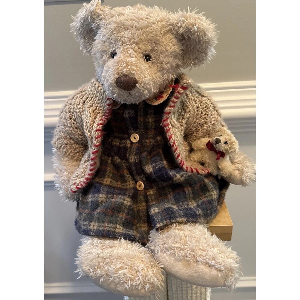 Russ Berrie Cosette Bear w Baby Plush Knit Sweater Plaid Dress 18” - Picture 2 of 9